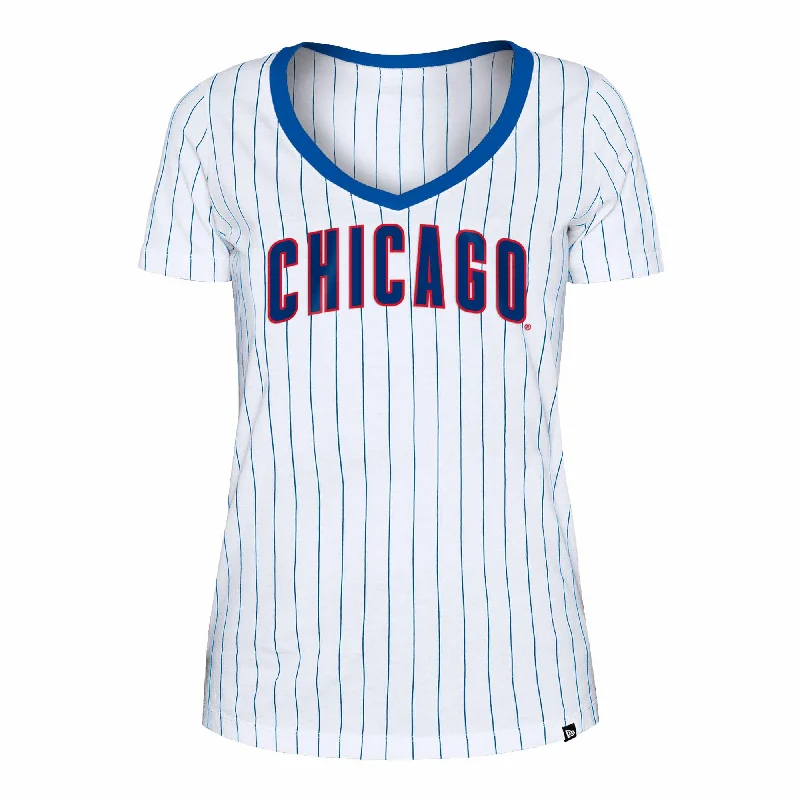 Chicago Cubs Women's Pinstripe V-Neck T-Shirt Stylish Men's Tropical 