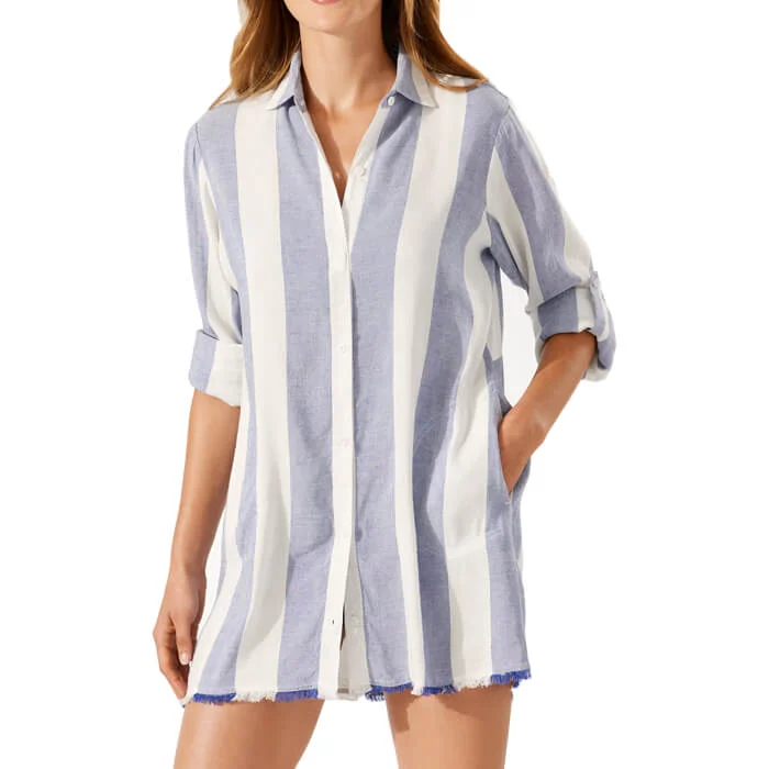 Tommy Bahama Rugby Beach Stripe Boyfriend Shirt Dress Coverup - White Tough Men's Tactical