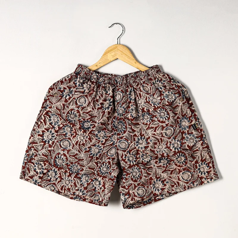 Maroon - Kalamkari Block Printed Cotton Unisex Boxer/Shorts Trendy Men's Oversized