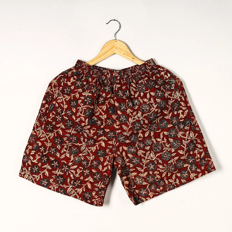 Red - Ajrakh Block Printed Cotton Unisex Boxer/Shorts Modern Men's Geometric