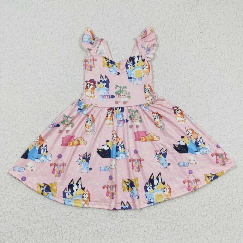 GSD0422 Blue Pink Dog Cartoon Girls Flutter Sleeve Dresses Vacation