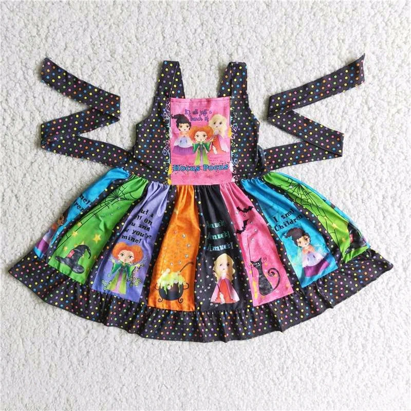 E3-4 Halloween Witch Cartoon Belt Patchwork Girls Sleeveless Dresses Streetwear Style