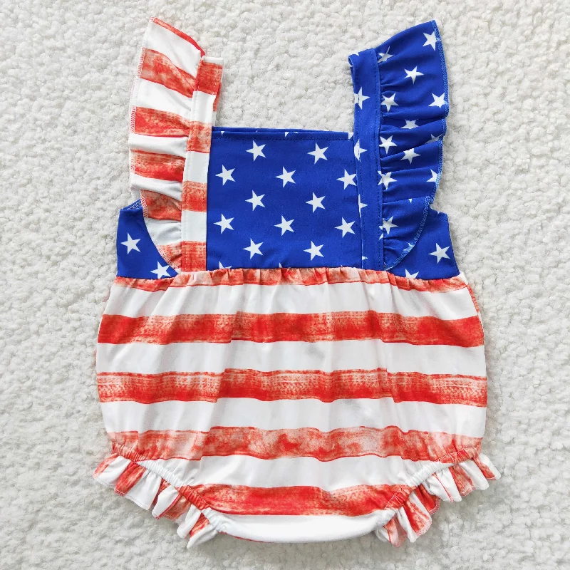 SR0326 4th Of July Blue Red Girls Short Sleeve Romper Minimalist Men's Casual 