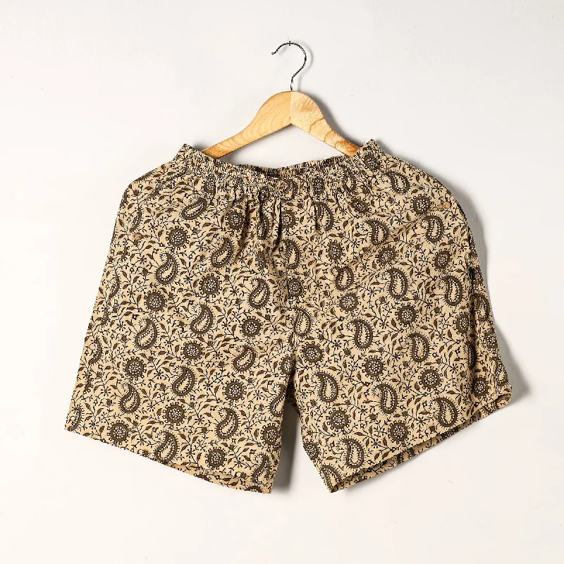 Beige - Kalamkari Block Printed Cotton Unisex Boxer/Shorts Sleek Men's Metallic