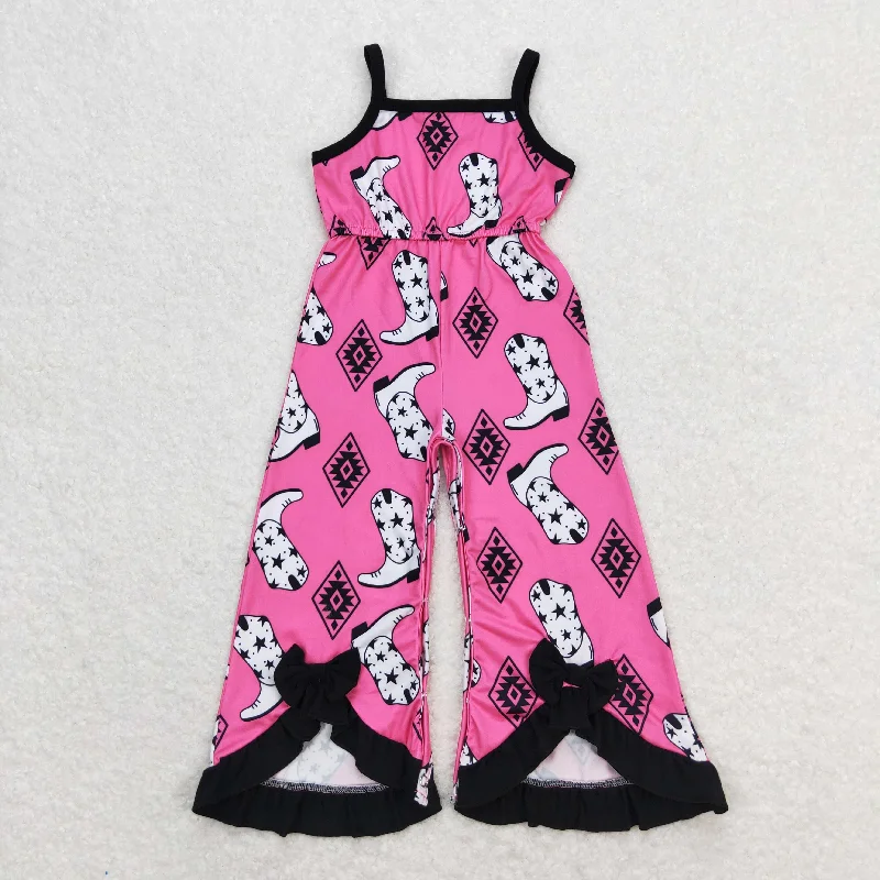 SR1238 Black Rose Red Boots Sleeveless Romper Cow Girls Boutique Overall Jumpsuit RTS 202501 Monochromatic All