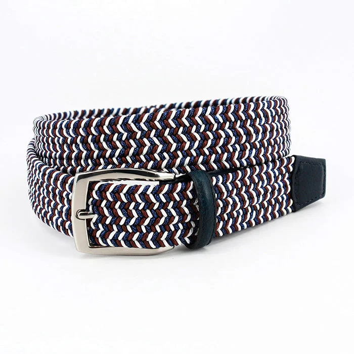 Torino Italian Braided Leather & Linen Elastic Belt - Blue/White/Red Earthy Men's Sustainable 