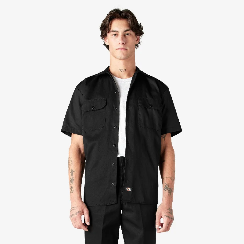 Short Sleeve Work Shirt, Black Trendy Men's Oversized