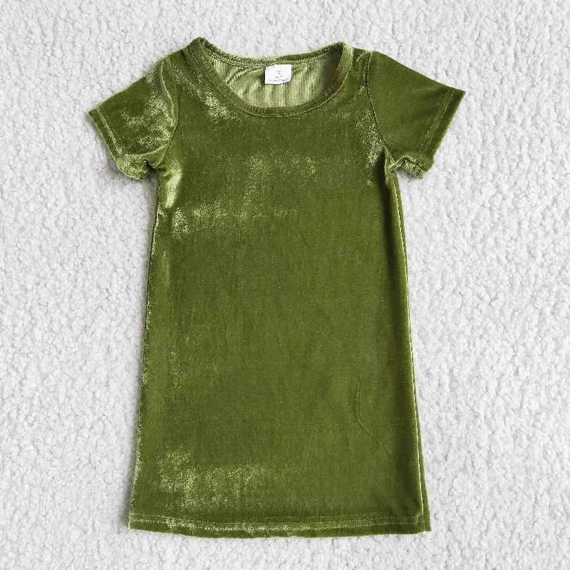 D2-5 Green Velvet Girls Short Sleeve Dresses Tailored