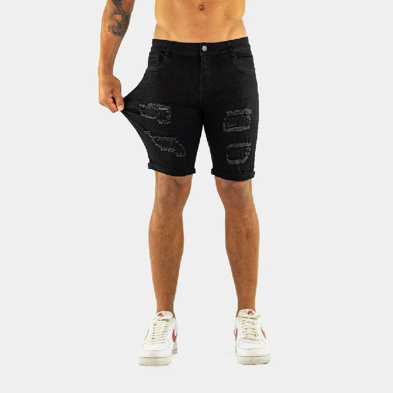 Ultra Stretch Denim Shorts - Black Ripped Cool Men's Distressed