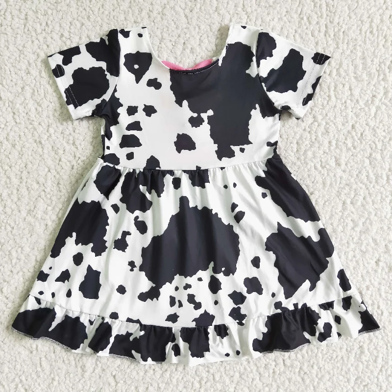 GSD0102 Black White Cow Print Girls Short Sleeve Dresses Rugged Men's Outdoor 