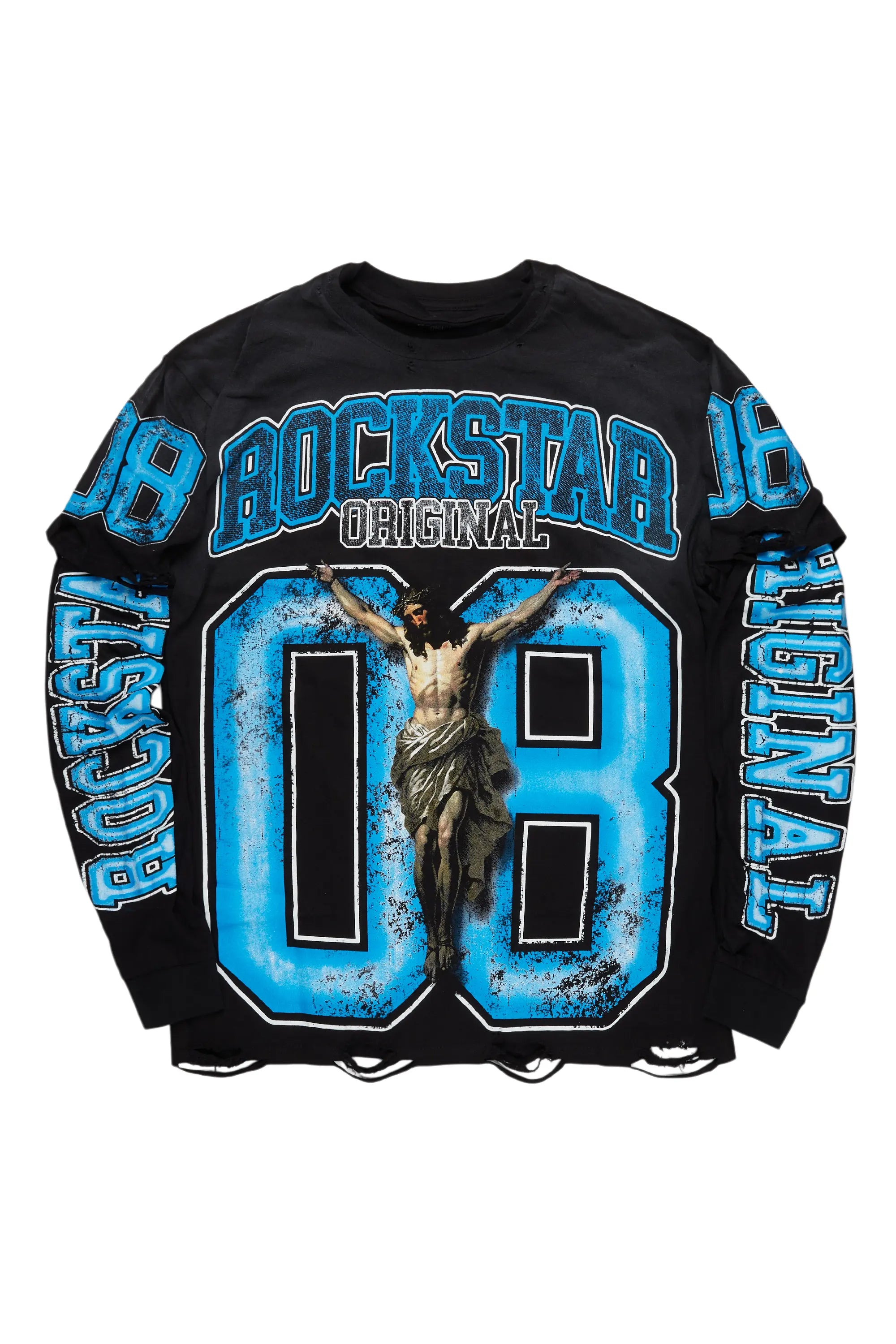 Fields Black/Blue Double Layer Long Sleeve Graphic T-Shirt Luxurious Men's High