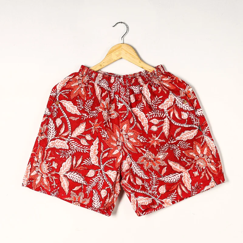 Red - Sanganeri Block Printed Cotton Unisex Boxer/Shorts Laid