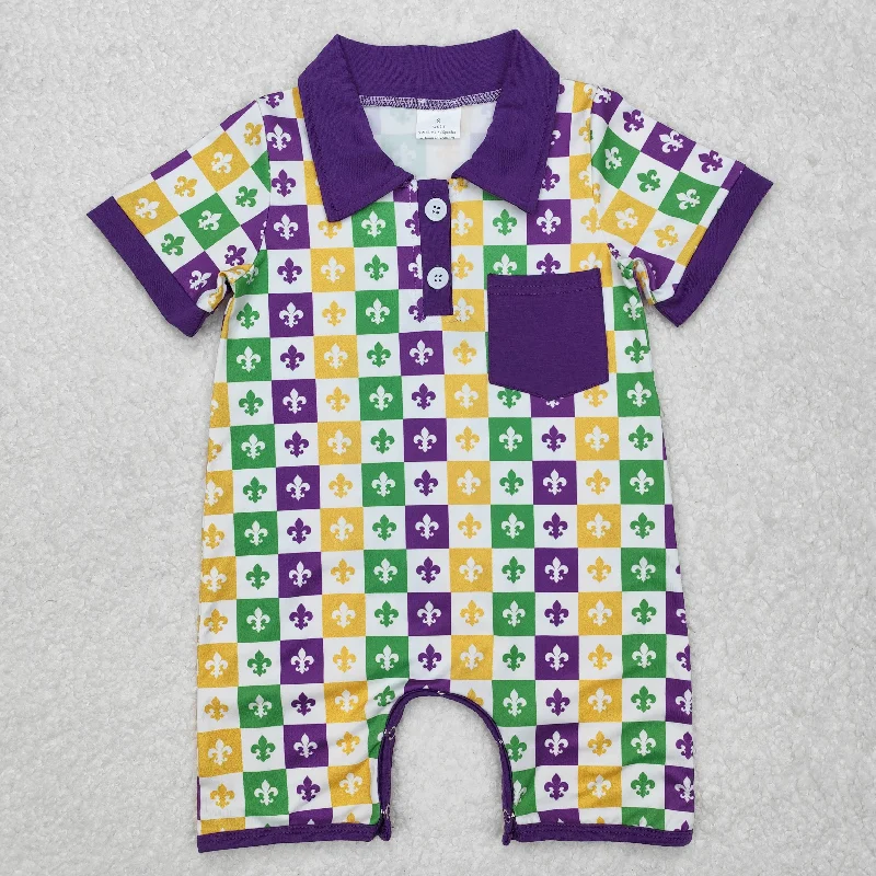 SR2385  Mardi Gras Outfit Purple polo Short Sleeve Romper baby boy nightwear outfit RTS 202412 Polished Men's Satin