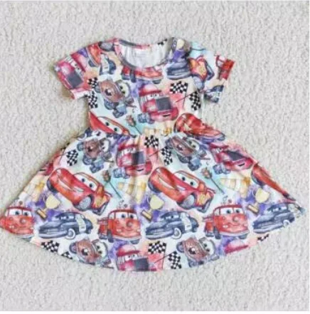 Clearance D3-2 Red Blue Car Cartoon  Girls Short Sleeve Dresses Casual Men's Japanese 