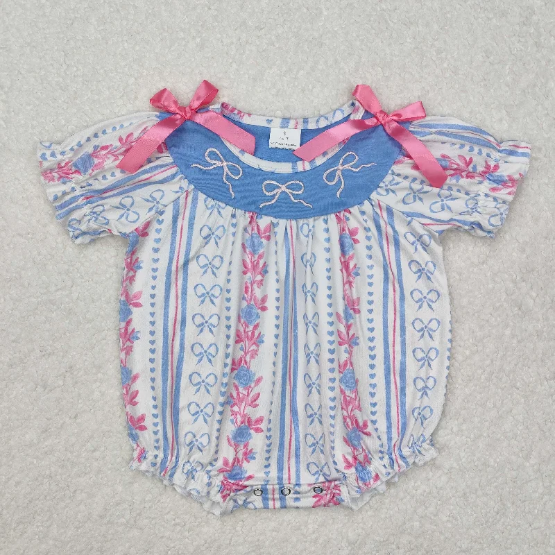 SR2131 Embroidered Bow Blue Pink Flower Short Sleeve Romper baby girls boutique nightwear outfit baby summer 2025  RTS 202501 Artistic Men's Hand