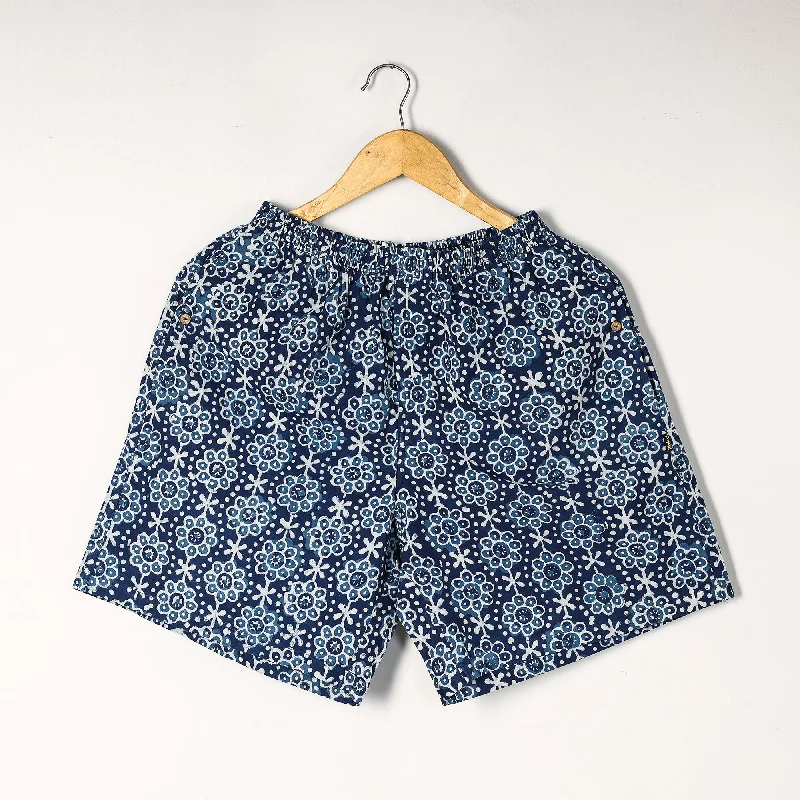 Blue - Indigo Block Printed Cotton Unisex Boxer/Shorts Laid