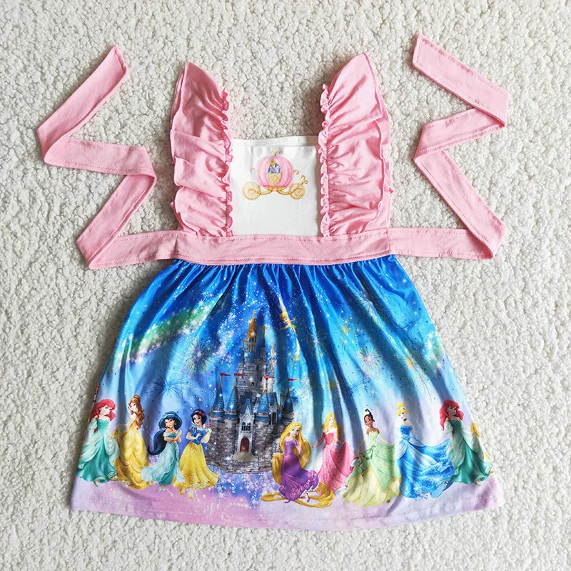 Clearance C3-13 Pink Princess Cartoon Belt Girls Flutter Sleeve Dresses Refined Men's Hand