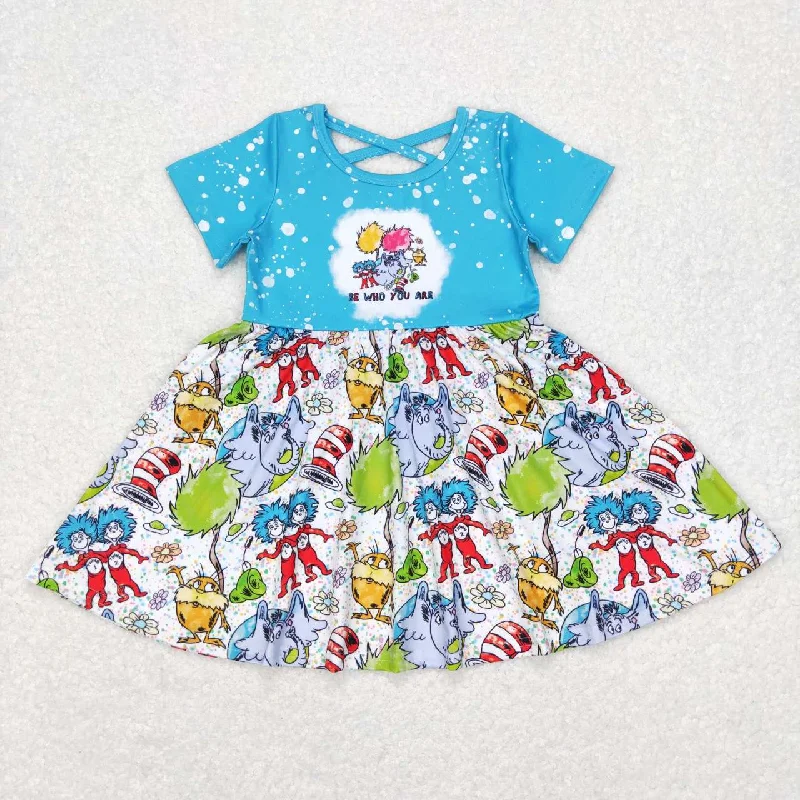 GSD0495 Blue Cartoon Hat Cat Dr  Girls Short Sleeve Dresses Laid