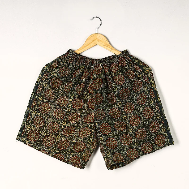 Green - Ajrakh Block Printed Cotton Unisex Boxer/Shorts Unique Men's Patch