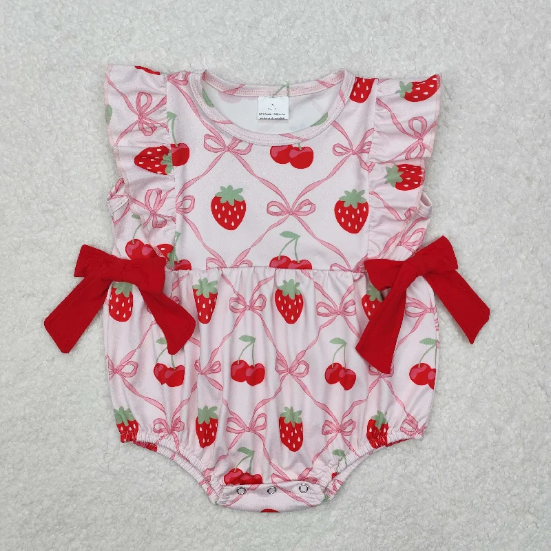 SR2295 Rose Red Bow Sleeveless Romper with strawberry baby girls boutique nightwear outfit RTS 202501 Dapper Men's Bow