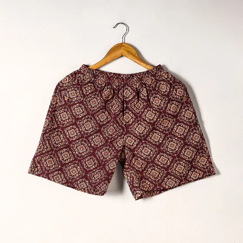 Maroon - Sanganeri Block Printed Cotton Unisex Boxer/Shorts Gym