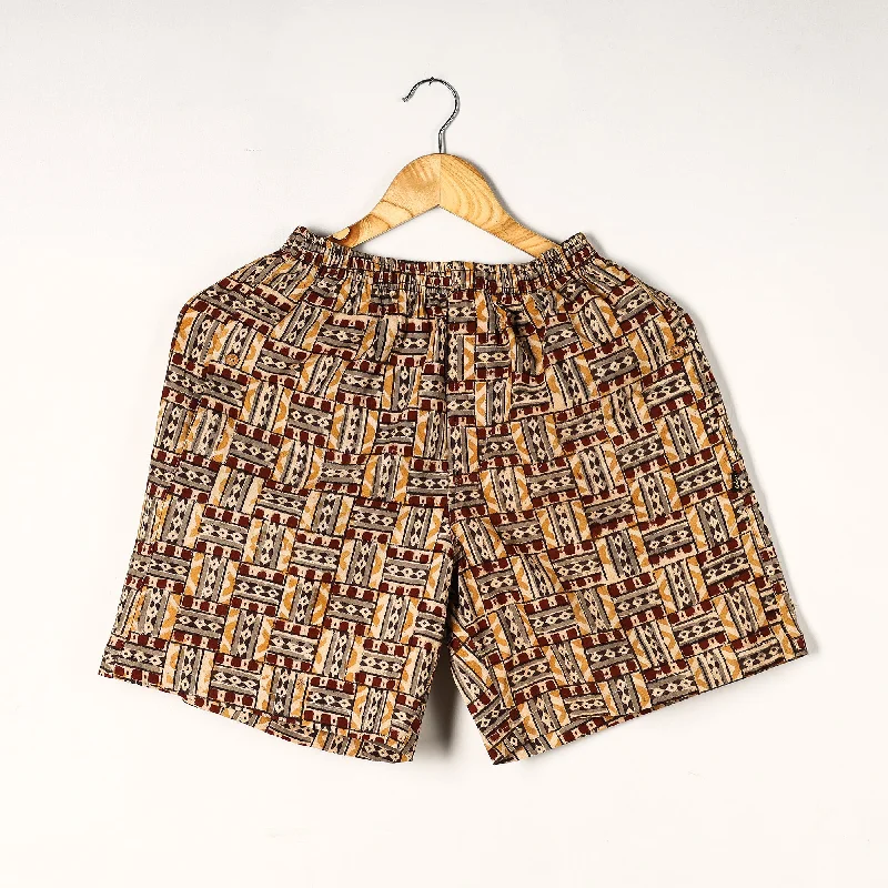 Beige - Kalamkari Block Printed Cotton Unisex Boxer/Shorts Laid