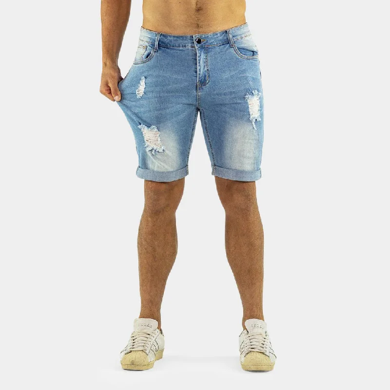 Ultra Stretch Denim Shorts - Blue Ripped Hip Men's Retro