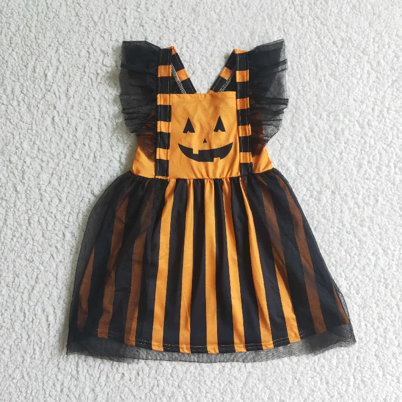 GSD0138 Halloween Pumpkin Orange Stripes Black Tutu Tulle Girls Short Sleeve Dresses Athletic Men's High