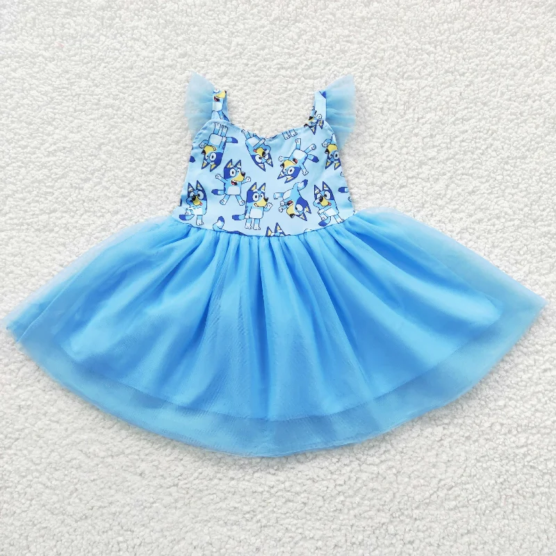 GSD0334 Blue Dog Cartoon Tulle Tutu Girls Short Sleeve Dresses Practical Men's Quick