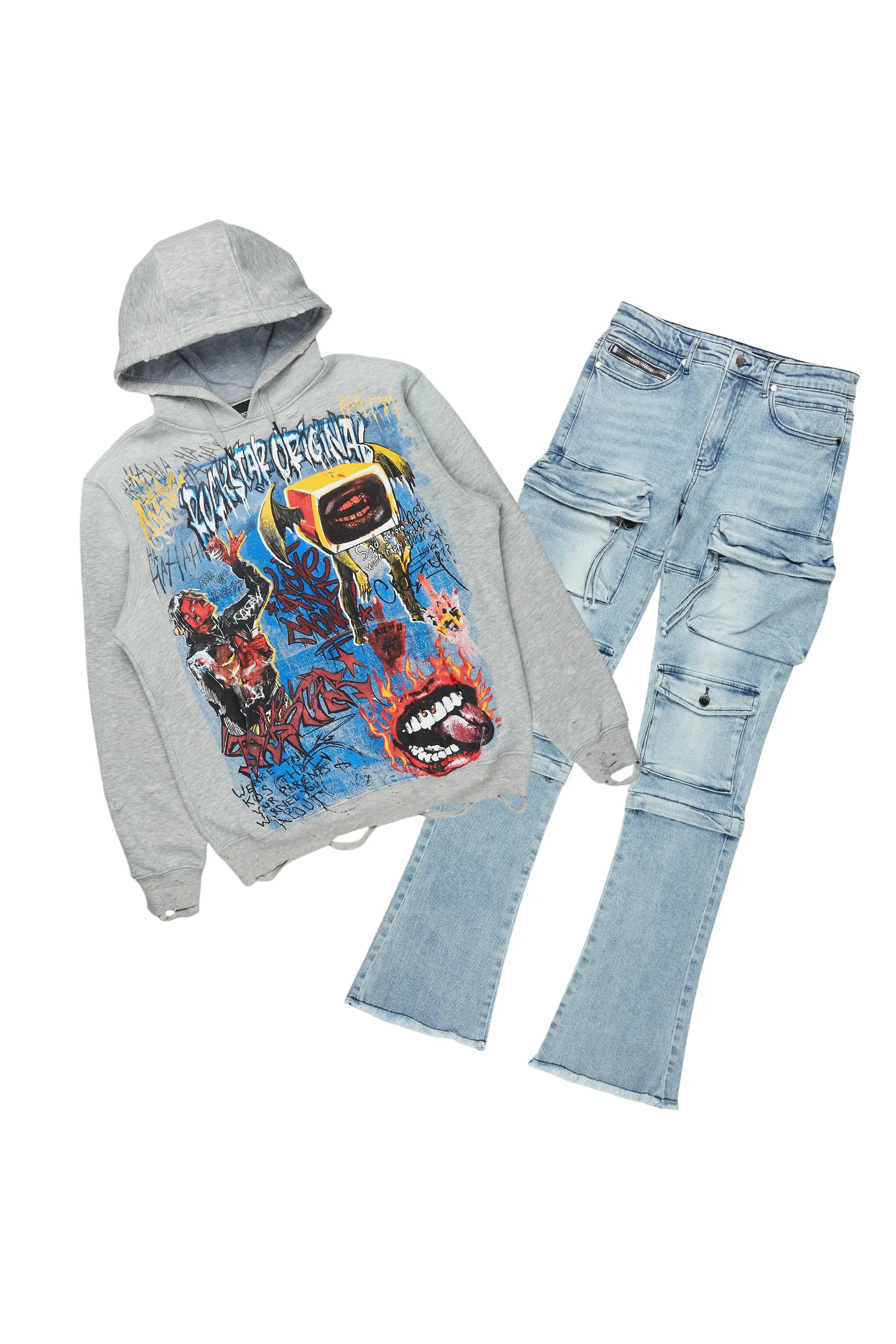 Yooz Grey/Blue Hoodie & Jan Stacked Flare Jean Bundle Sleek Men's Metallic