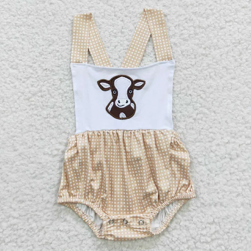 SR0313 Pink Heifer Cow Print Western Embroidery Girls Short Sleeve Romper Artistic Men's Hand