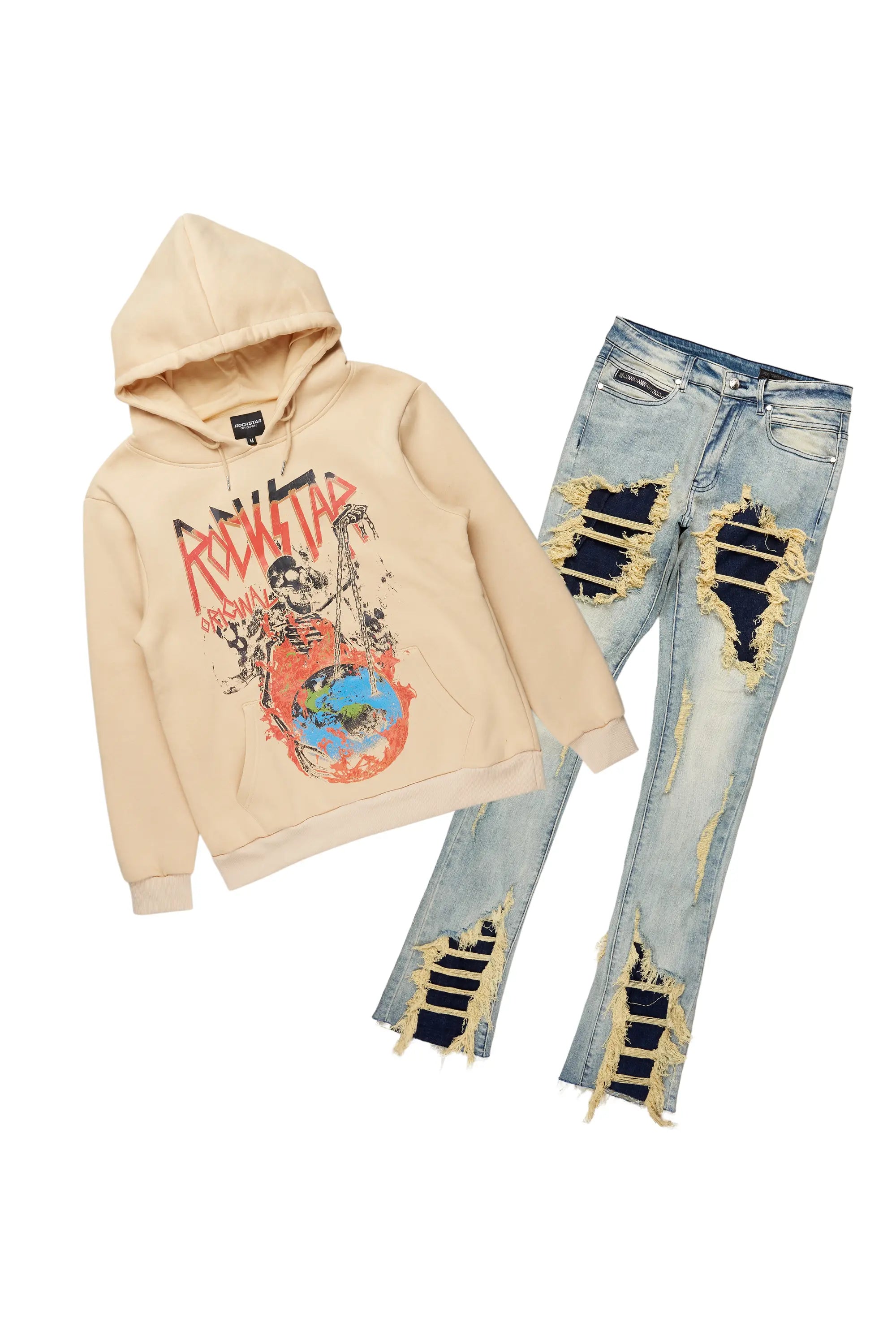 Barrett Beige Hoodie & Fateh Stacked Jean Bundle Youthful Men's Anime