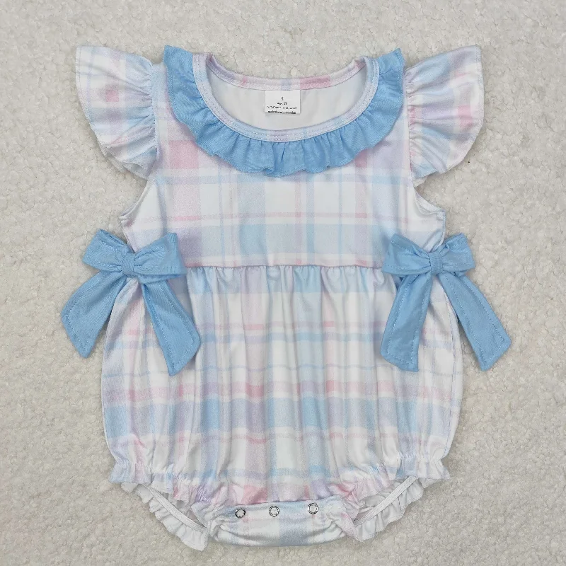 SR2139 Blue Plaid Bow Short Sleeve Romper baby girls boutique nightwear outfit baby summer 2025  RTS 202501 Stylish Men's Neon