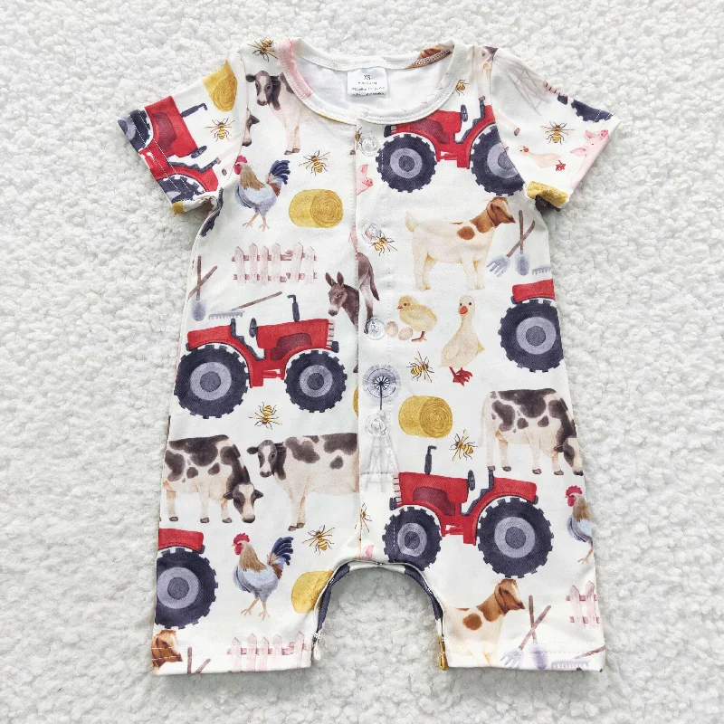 SR0279 Farm Cow truck  Boys Short Sleeve Romper Athletic Men's Compression