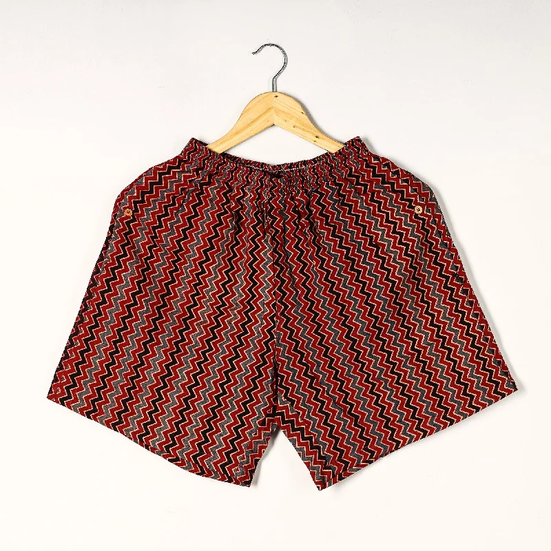 Red - Ajrakh Block Printed Cotton Unisex Boxer/Shorts Artistic Men's Hand