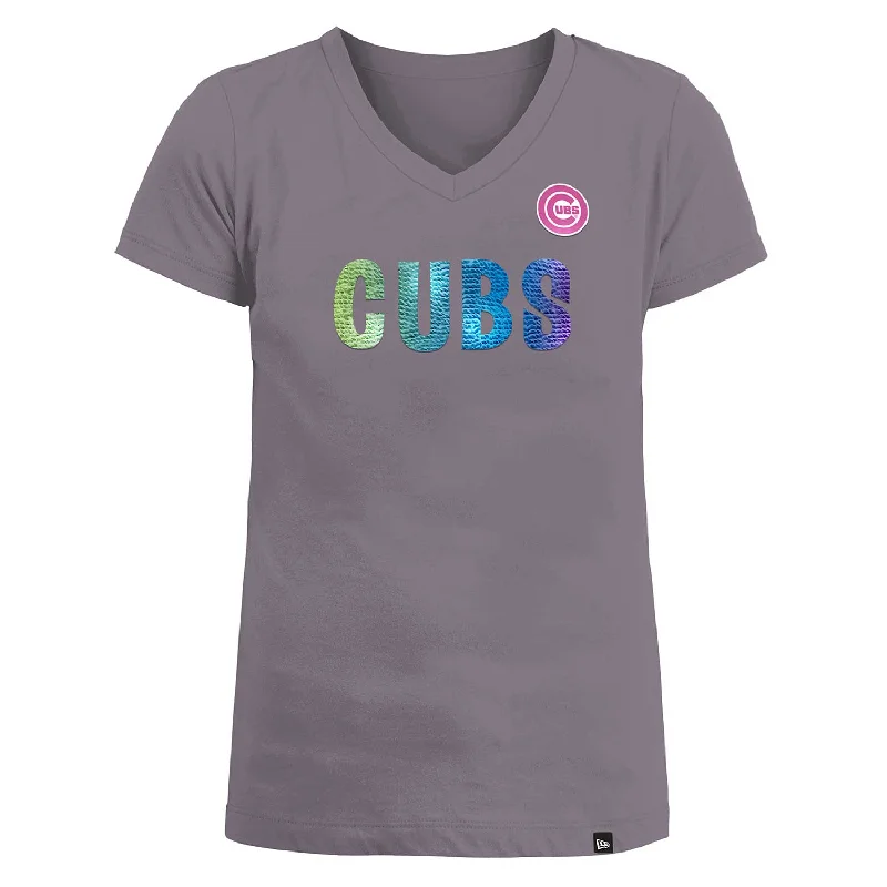 Chicago Cubs Youth Girls Rainbow Sequin V-Neck T-Shirt Sleek Men's Metallic