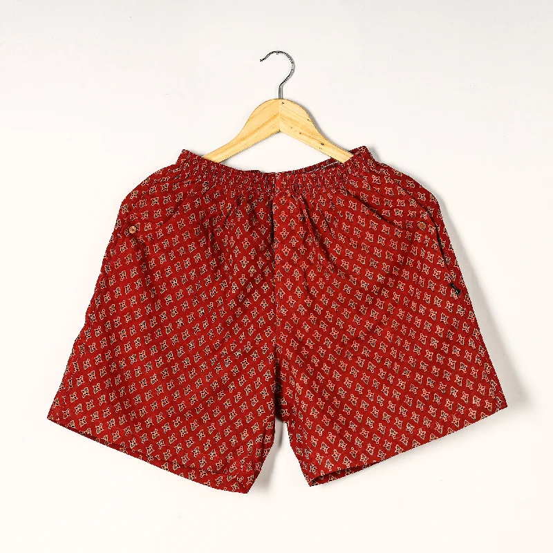 Red - Ajrakh Block Printed Cotton Unisex Boxer/Shorts Modern Men's 