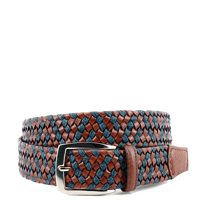 Torino Italian Braided Leather & Linen Elastic Belt - Cognac/Navy Tough Men's Military