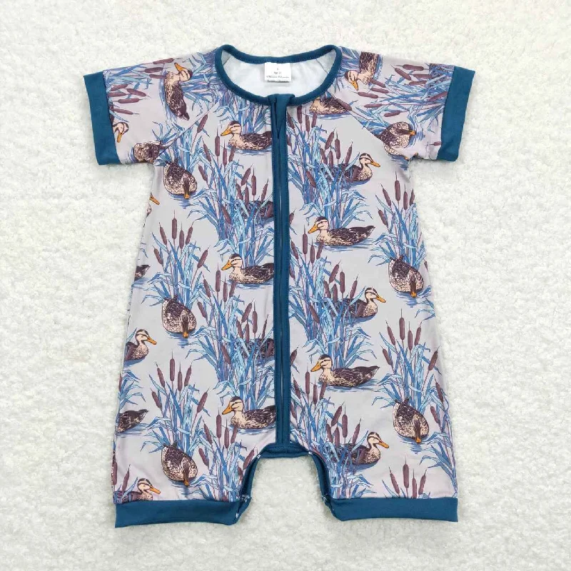 SR0802 Hunting Duck Pattern Baby boy Romper Dark blue short sleeve romper RTS 202412 Edgy Men's Punk