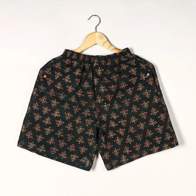 Green - Ajrakh Block Printed Cotton Unisex Boxer/Shorts Dapper Men's Bow