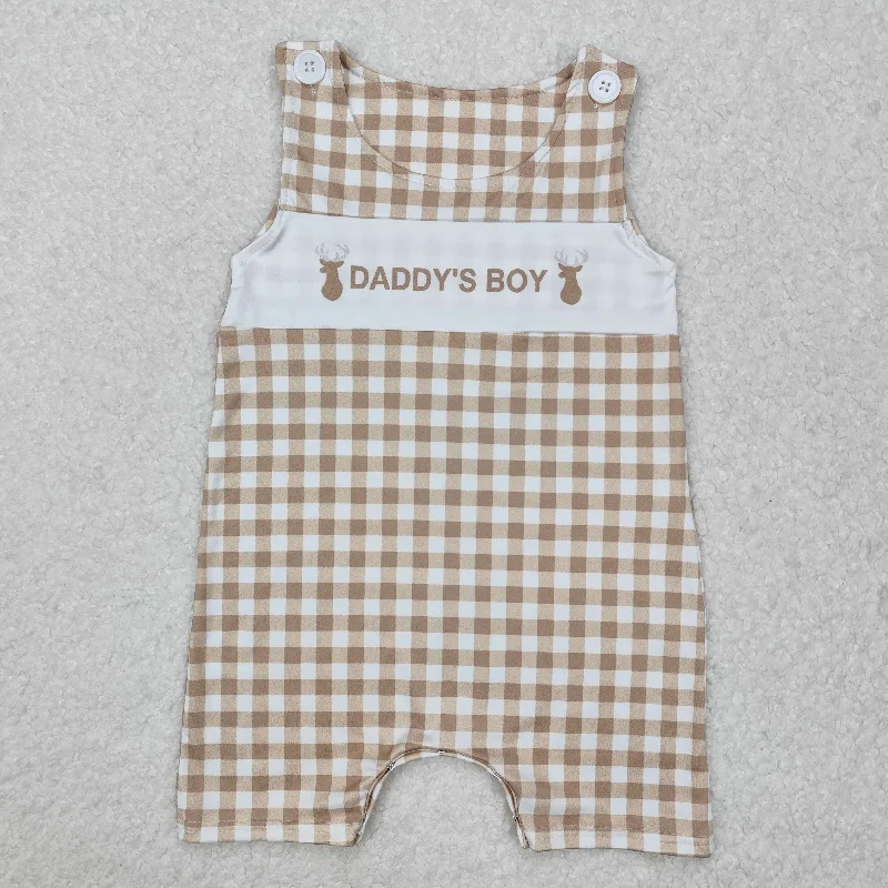 SR2299 Brown Plaid DADDY'S BOY Sleeveless Romper boutique Outfit RTS 202501 Sophisticated Men's French