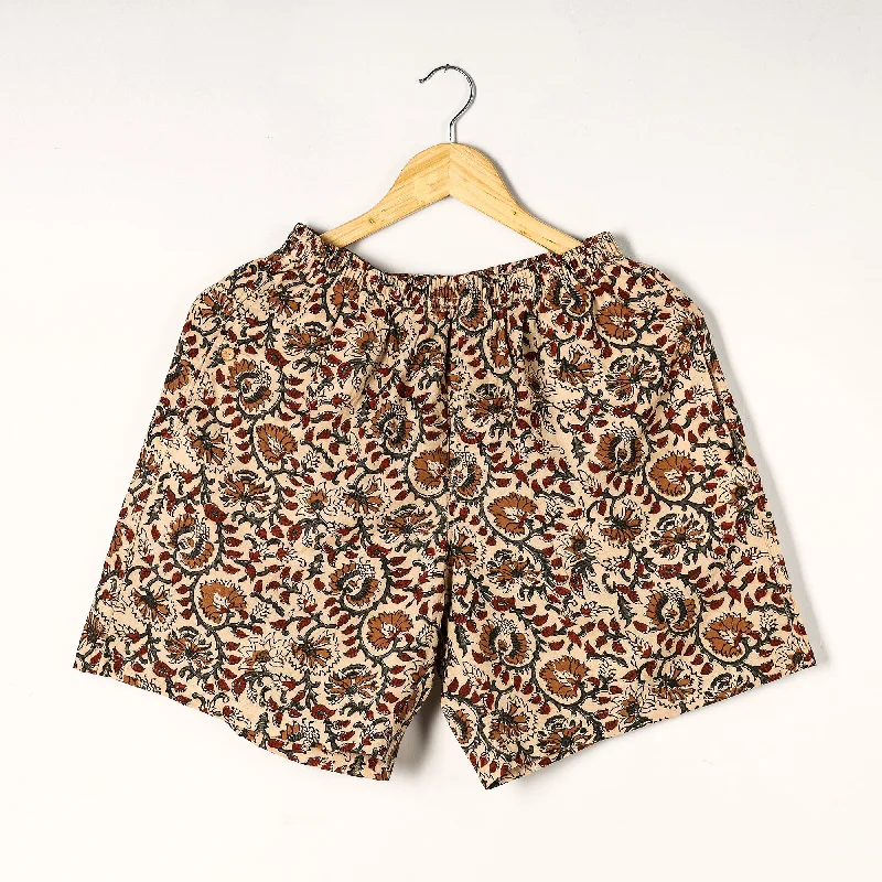 Beige - Kalamkari Block Printed Cotton Unisex Boxer/Shorts Casual Men's Loose