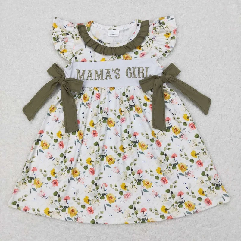 GSD0507  mama's girl green floral bows  Embroidery Girls Flutter Sleeve Dresses Classic Men's Pin