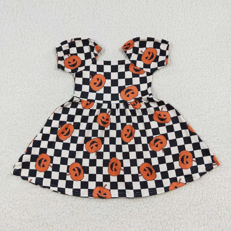 GLD0302 Halloween Pumpkin Orange Plaid Girls Short Sleeve Dresses Lumberjack