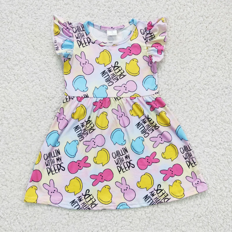 GSD0159 Easter Pink Blue Rabbit Chillin With My Peeps Girls Short Sleeve Dresses Elegant Men's Formal 