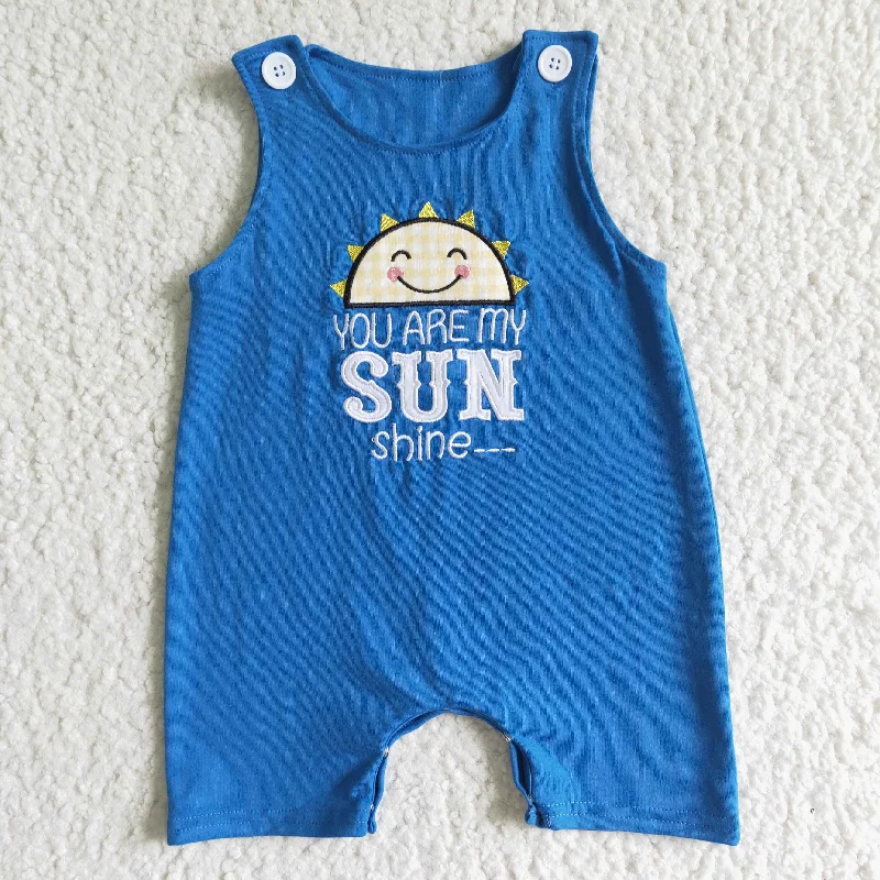 SR0034 Blue Yellow You Are My Sun Shine Embroidery Boys Sleeveless Romper Elegant Men's Cashmere