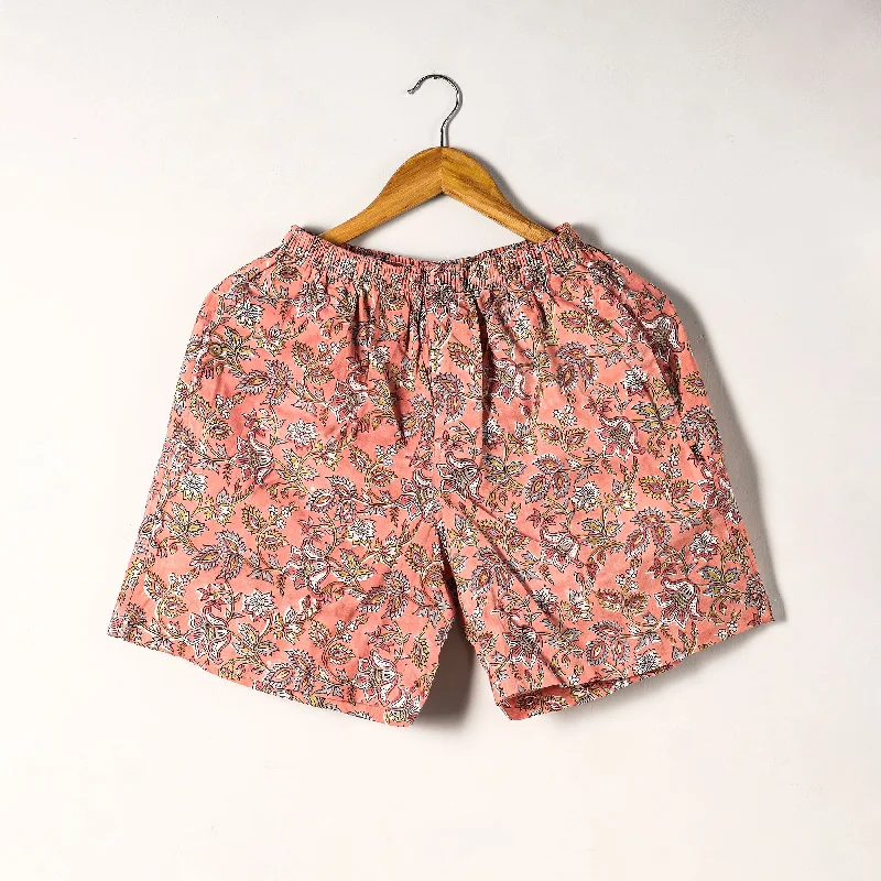 Peach - Sanganeri Block Printed Cotton Unisex Boxer/Shorts Tailored