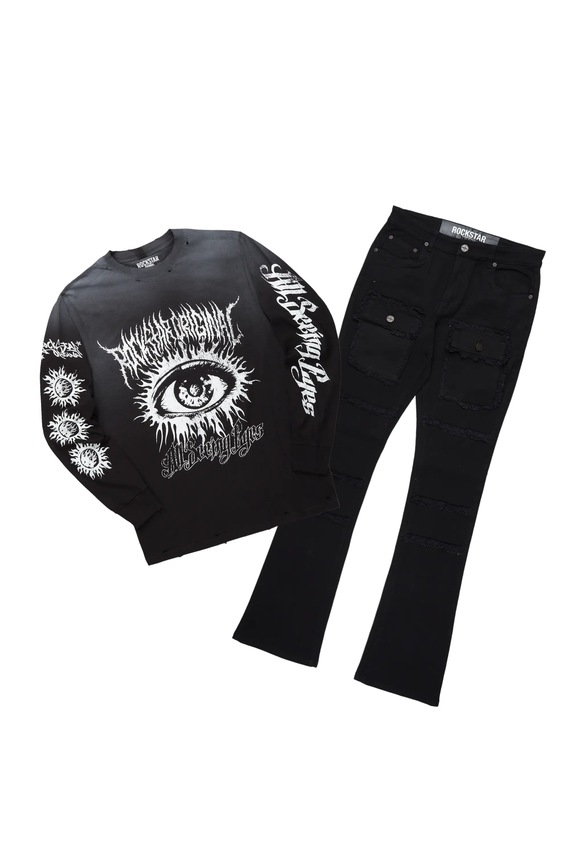 All Seeing Eyes Black Long Sleeve T-Shirt/Stacked Flare Cargo Jean Bundle Confident Men's High