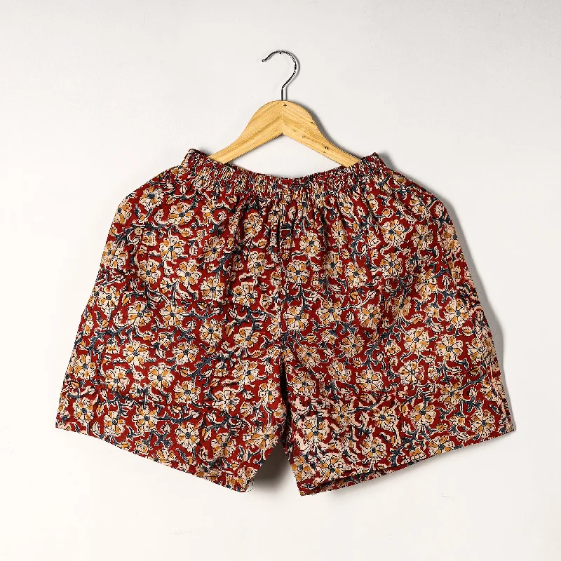 Red - Kalamkari Block Printed Cotton Unisex Boxer/Shorts Artistic Men's Hand