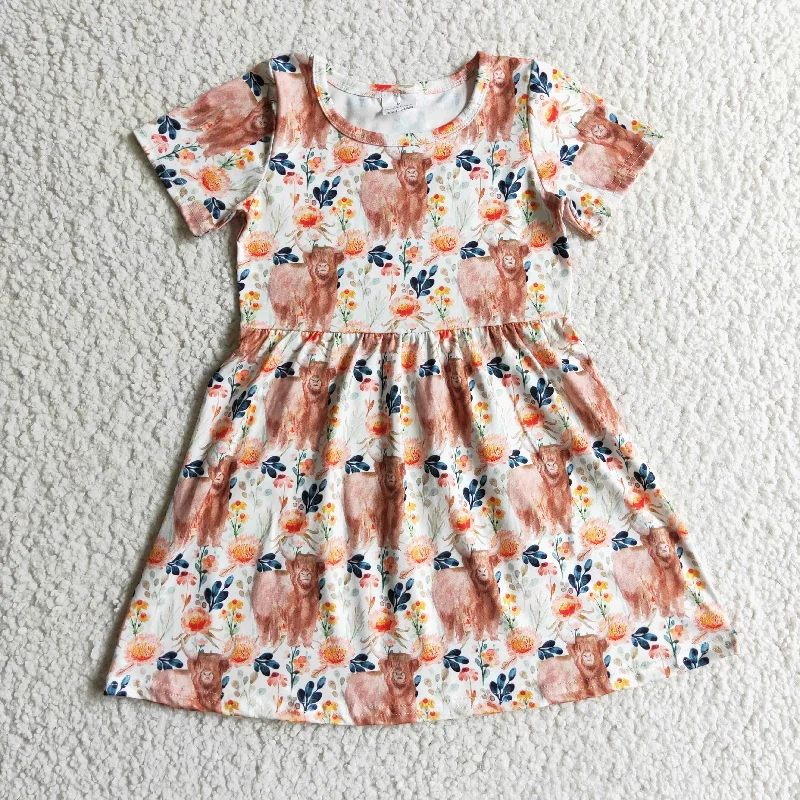 GSD0154 Orange Highland Cow Floral Flower Girls Short Sleeve Dresses Lumberjack